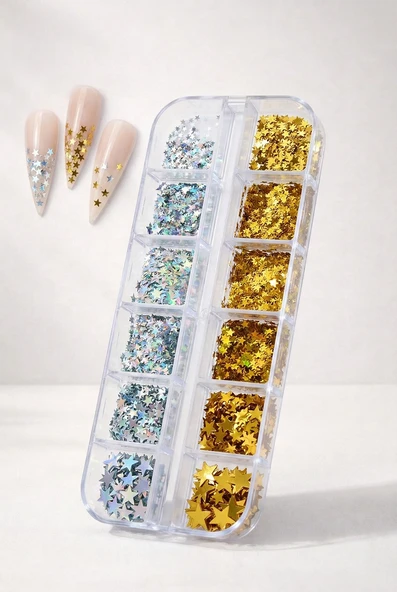 12li Gümüş ve Gold Renk Yıldız Tırnak Süsleme Yıldız Dizayn Folyo Pulları Nail Art WN-113 ürün görseli 1