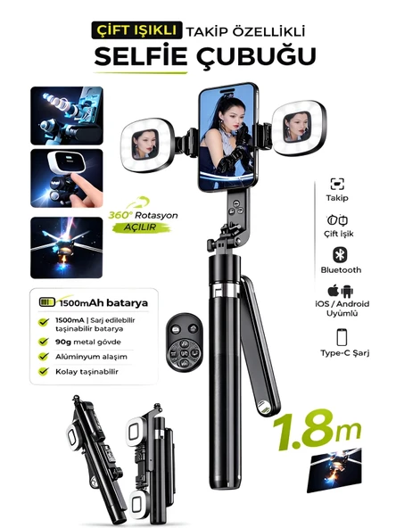 1500 mAh LED Işıklı 180 cm Takip Özellikli Gimbal Tripod Selfie Çubuğu Bluetooth Kumandalı ürün görseli 1