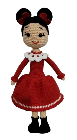 Siyah Saçlı Kırmızı Elbiseli Sude Bebek Amigurumi Organik Oyuncak ürün görseli 1