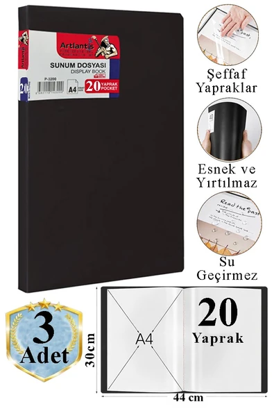 Siyah Sunum Dosyası 20 li 3 Adet Poşet Dosyalı Katalog Dosyası 20 Poşetli Kendinden Dosya Plastik Kapaklı ürün görseli 1