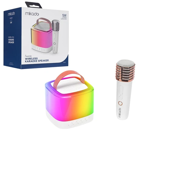 BEYAZ KARAOKE MİKROFONLU WİRELESS HOPARLÖR - SPEAKER IŞIKLI USB ŞARJLI BT - TF CARD - AUX 5W (2818) ürün görseli 1