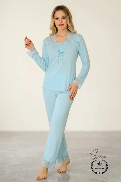 #Pijama Turkuaz Saten Kadın Pijama Takımı Rahat Ev Giyim Günlük ve Çeyizlik Nefes Alabilen Yumuşak ürün görseli 1