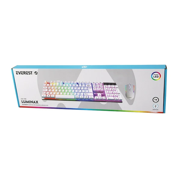 BEYAZ GÖKKUŞAĞI IŞIKLI USB KABLOLU OYUNCU KLAVYE - MOUSE SET (5250) ürün görseli 1