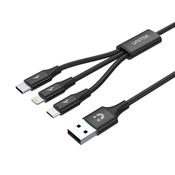 Unitek USB-A to 3in1 Hızlı Şarj Destekli 2.4A 1.2Mt Çoklu Şarj Kablosu E-Marker (C14049BK) ürün görseli 1