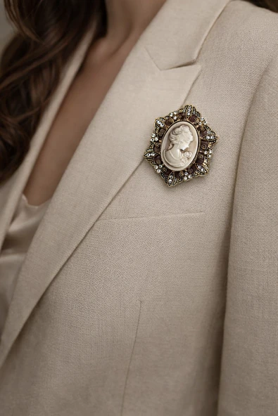Bordo Taşlı Vintage Cameo Kadın Figürlü Metal Broş – Antik Gold Çerçeve ürün görseli 1