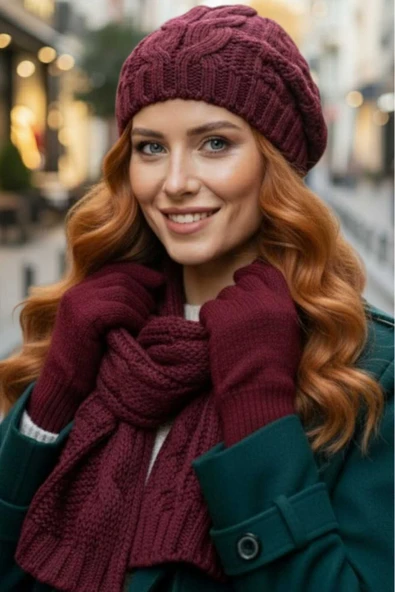 Uniquetrenders Kadın Örgü Desenli Bere Atkı Eldiven Takım ürün görseli 1