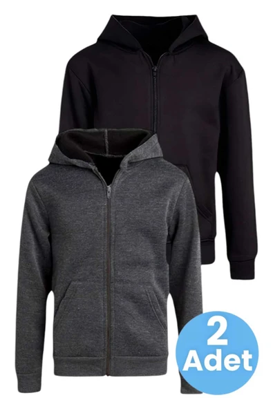 Uniquetrenders Çocuk Unisex Pamuklu Kapüşonlu Fermuarlı Sweatshirt 2'li Set ürün görseli 1