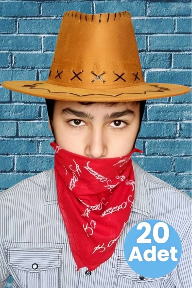 Uniquetrenders Çocuk Unisex Bandanalı 20'li Nubuk Kovboy Şapkası ( 8-14 Yaş ) ürün görseli 1