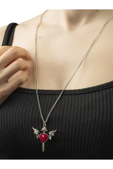 Uniquetrenders Punk Gotik Yarasa Kanatlı Kuru Kafa Kalpli Antik Gümüş Kaplamalı Sevgili Kolyesi ürün görseli 1