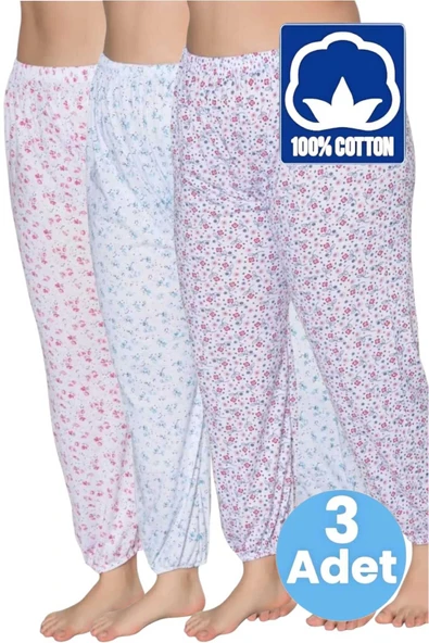 Uniquetrenders Kadın %100 Pamuklu Desenli Emprime Lastikli Uzun Pijama Lastik Paçalı Don 3'lü Set ürün görseli 1