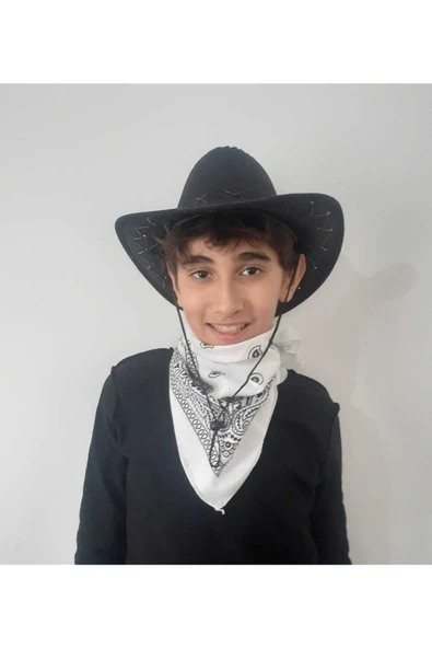 Uniquetrenders Çocuk Unisex 8 - 14 Yaş Süet Kovboy Şapkası Beyaz Bandana Hediye Koruma Kutulu Gönderim ürün görseli 1
