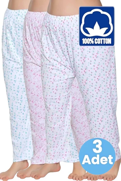 Uniquetrenders Kadın %100 Pamuklu Desenli Emprime Lastikli Uzun Pijama Düz Paçalı Don 3'lü Set ürün görseli 1