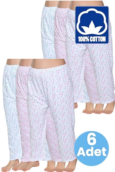 Uniquetrenders Kadın %100 Pamuklu Desenli Emprime Lastikli Uzun Pijama Düz Paçalı Don 6'lı Set ürün görseli 1