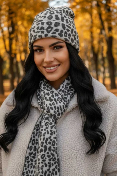 Uniquetrenders Kadın Premium Leopar Desenli Atkı Bere 2'Li Set ürün görseli 1