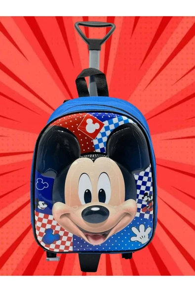 Uniquetrenders Anaokulu Kreş Mavi Mickey Mouse Baskılı Çekçekli Tekerli Kabartma Seyahat Valizi ve Okul Çantası ürün görseli 1