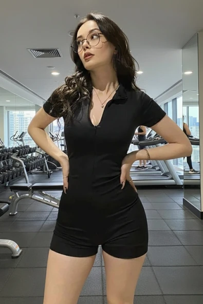 Fermuar Detaylı Spor Tulum Esnek Likralı Mat Siyah ürün görseli 1