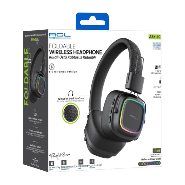 ACL ABK-10 Ultra Bass Kablosuz Bluetooth Kulak Üstü Kulaklık Yumuşak Deri Siyah ürün görseli 1