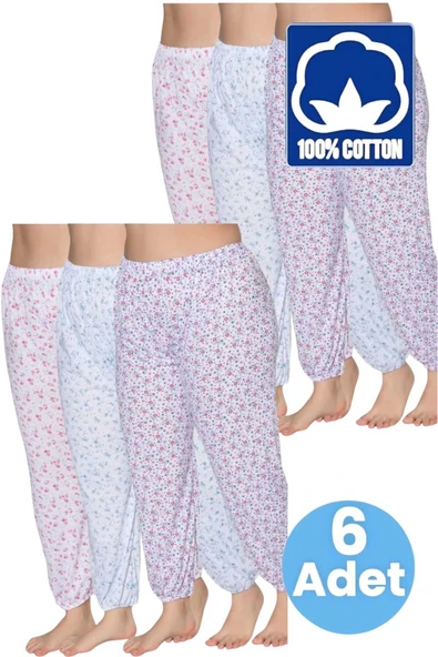 Uniquetrenders Kadın %100 Pamuklu Desenli Emprime Lastikli Uzun Pijama Lastik Paçalı Don 6'lı Set ürün görseli 1