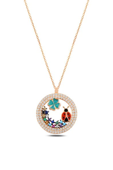 ÇEKİRDEK JEWELRY 925 Ayar Gümüş Rose Kaplama Uğur Böceği ve Yonca Taşlı Kolye ürün görseli 1