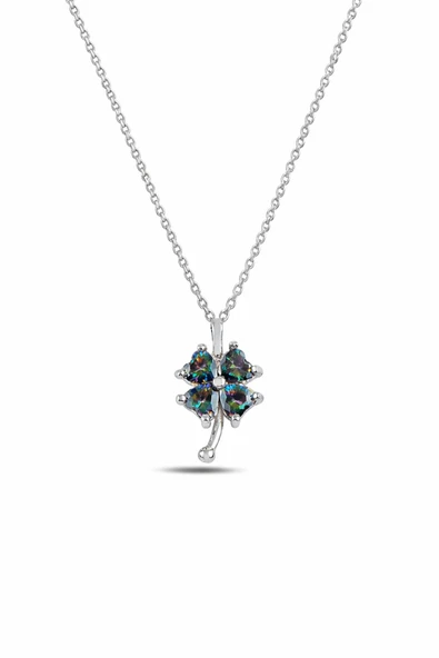 ÇEKİRDEK JEWELRY 925 Ayar Gümüş Rodajlı Yonca Kolye – Renkli Taşlı Şans Kolyesi ürün görseli 1