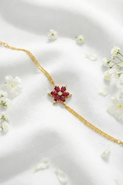 ÇEKİRDEK JEWELRY 926 Ayar Gümüş Kırmızı Taşlı Lotus Bileklik ürün görseli 1