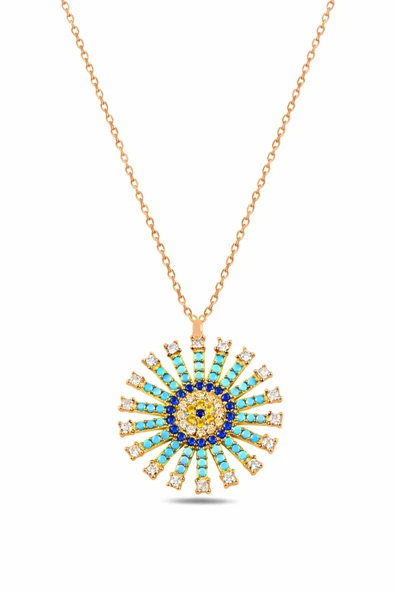 ÇEKİRDEK JEWELRY 925 Ayar Gümüş Sarı Altın Kaplama Güneş Model Turkuaz & Lacivert Taşlı Zirkon Kolye ürün görseli 1