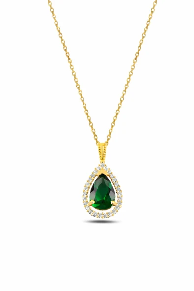 ÇEKİRDEK JEWELRY Damla Kesim Büyük Taşlı Gümüş Kolye 925 Ayar – Gold Kaplama Su Damlası Model ürün görseli 1
