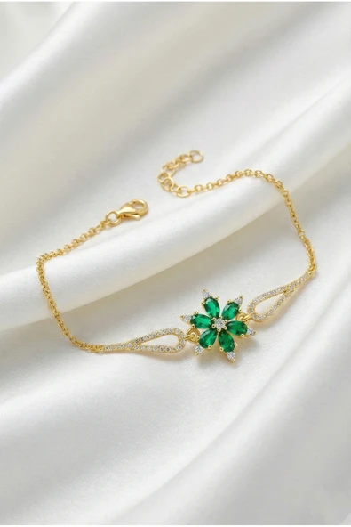 ÇEKİRDEK JEWELRY 925 Ayar Gümüş Altın Kaplama Yeşil Taşlı Çiçek Model Zirkon Taşlı Kadın Bileklik ürün görseli 1