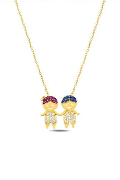 ÇEKİRDEK JEWELRY 925 Ayar Gümüş Gold Kaplama Anne Çocuk Kolye – Zirkon Taşlı Figürlü Kolye ürün görseli 1