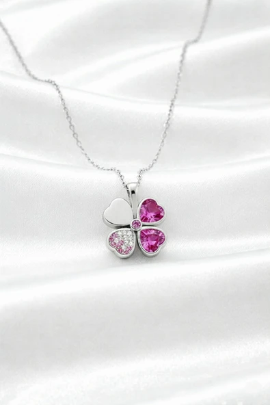 ÇEKİRDEK JEWELRY 925 Ayar Gümüş Pembe Taşlı Taşlı Yonca Kolye ürün görseli 1
