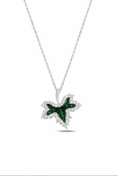 ÇEKİRDEK JEWELRY 925 Ayar Gümüş Rodyum Kaplama Zirkon Taşlı Yeşil Yaprak Kolye ürün görseli 1