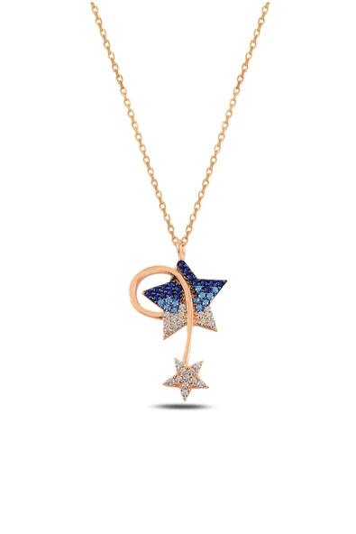 ÇEKİRDEK JEWELRY 925 Ayar Gümüş Rose Kaplama Yıldız Kolye – Mavi ve Beyaz Taşlı Şık Tasarım Kolye ürün görseli 1