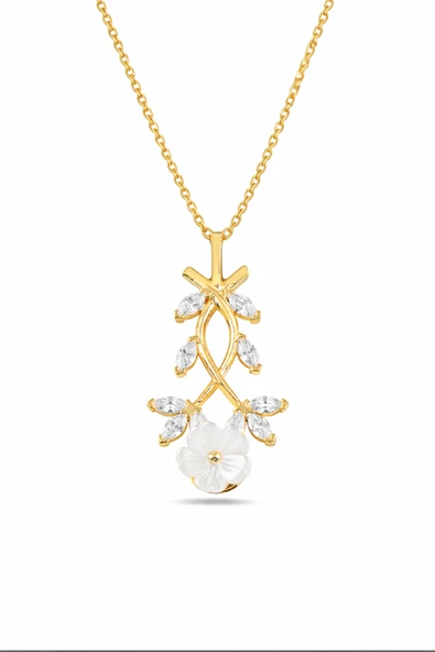 ÇEKİRDEK JEWELRY 925 Ayar Gümüş Sarı Altın Kaplama Çiçekli Zirkon Taşlı Kolye ürün görseli 1