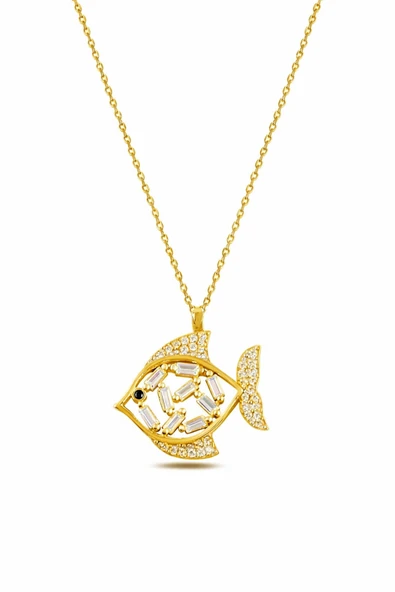 ÇEKİRDEK JEWELRY 925 Ayar Gümüş Gold Kaplama Balık Kolye Zirkon Taşlı Şık Tasarım ürün görseli 1