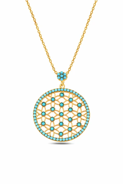 ÇEKİRDEK JEWELRY 925 Ayar Gümüş Turkuaz Taşlı Yuvarlak Kolye Rodyum Kaplama ürün görseli 1