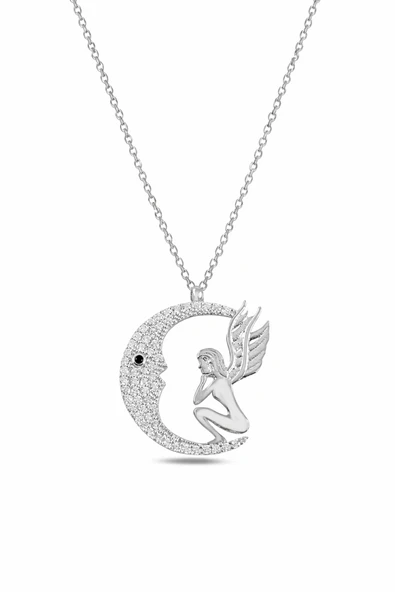 ÇEKİRDEK JEWELRY 925 Ayar Gümüş Melek Figürlü Ay Kolye – Zirkon Taşlı Rodyum Kaplama Hilal Kadın Kolye ürün görseli 1