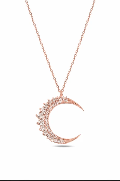 ÇEKİRDEK JEWELRY 925 Ayar Gümüş Rose Altın Kaplama Taşlı Hilal Kolye – Zirkon Taşlı Ay Model Kadın Kolye ürün görseli 1