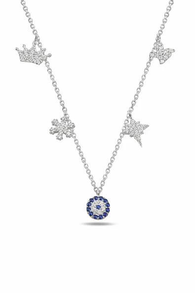 ÇEKİRDEK JEWELRY 925 Ayar Gümüş Nazar Boncuklu & Şans Figürlü Kolye – Taşlı Yıldız, Kar Tanesi, Taç Zarif Tasarım ürün görseli 1