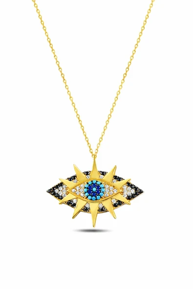 ÇEKİRDEK JEWELRY 925 Ayar Gümüş Gold Kaplama Göz Kolye – Mavi Taşlı Nazar Model ürün görseli 1