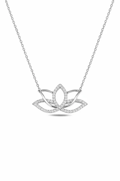 ÇEKİRDEK JEWELRY 925 Ayar Gümüş Lotus Çiçeği Kolye – Rodyum Kaplama Zirkon Taşlı Zarif Kadın Kolyesi ürün görseli 1