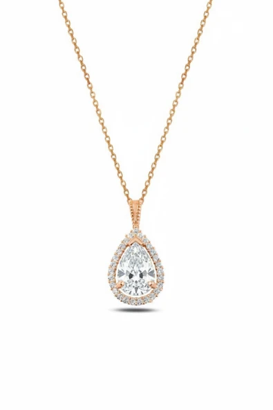 ÇEKİRDEK JEWELRY 925 Ayar Gümüş Damla Kesim Zirkon Taşlı Rose Gold Kolye – Işıltılı Zarif Kadın Kolyesi ürün görseli 1