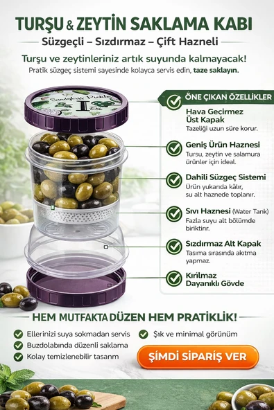 Kum Saati Zeytin Turşu Kabı Süzgeçli Saklama Kabı ürün görseli 1