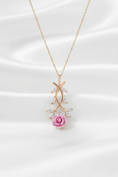 ÇEKİRDEK JEWELRY 925 Ayar Gümüş Pembe Güllü Kolye ürün görseli 1
