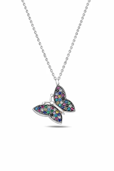 ÇEKİRDEK JEWELRY 925 Ayar Gümüş Kelebek Kolye Rodyum Kaplama Renkli Taşlı Zarif Tasarım ürün görseli 1