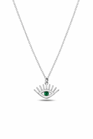 ÇEKİRDEK JEWELRY 925 Ayar Gümüş Rodyum Kaplama Yeşil Taşlı Göz Kolye – Zarif ve Modern Tasarım ürün görseli 1