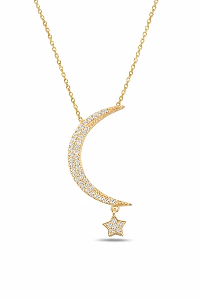 ÇEKİRDEK JEWELRY 925 Ayar Gümüş Sarı Altın Kaplama Taşlı Hilal Yıldız Kolye ürün görseli 1