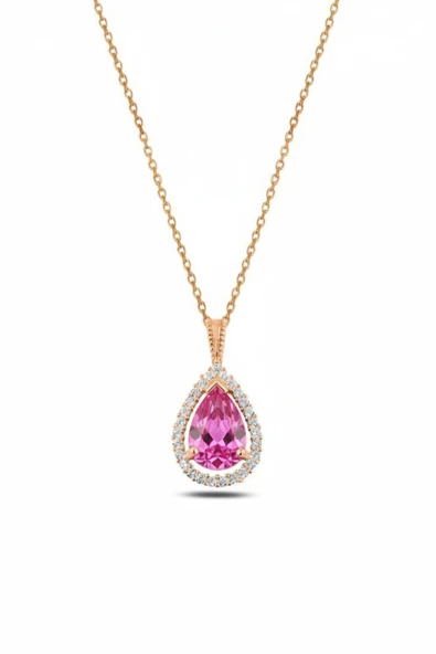 ÇEKİRDEK JEWELRY 925 Ayar Gümüş Damla Kesim Zirkon Taşlı Rose Gold Kolye – Işıltılı Zarif Kadın Kolyesi ürün görseli 1