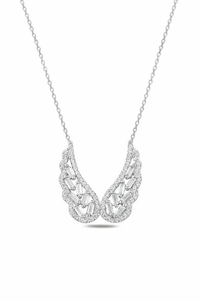 ÇEKİRDEK JEWELRY 925 Ayar Gümüş Rodyum Kaplama Zirkon Taşlı Melek Kanadı Kolye – Baget Taşlı Şık Kadın Kolyesi ürün görseli 1