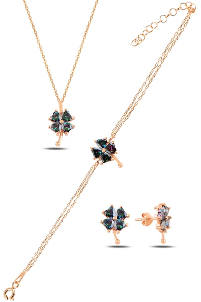 ÇEKİRDEK JEWELRY 925 Ayar Gümüş Rose Taşlı Yonca Kolye Bileklik Küpe Seti ürün görseli 1