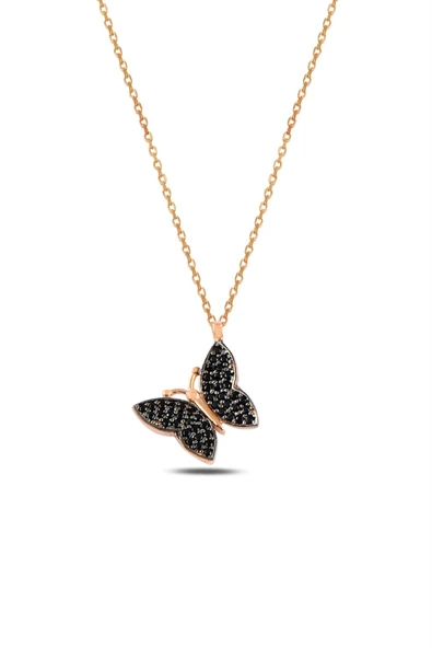 ÇEKİRDEK JEWELRY 925 Ayar Gümüş Siyah Taşlı Kelebek Kolye – Rodyum Kaplama Zarif Tasarım ürün görseli 1